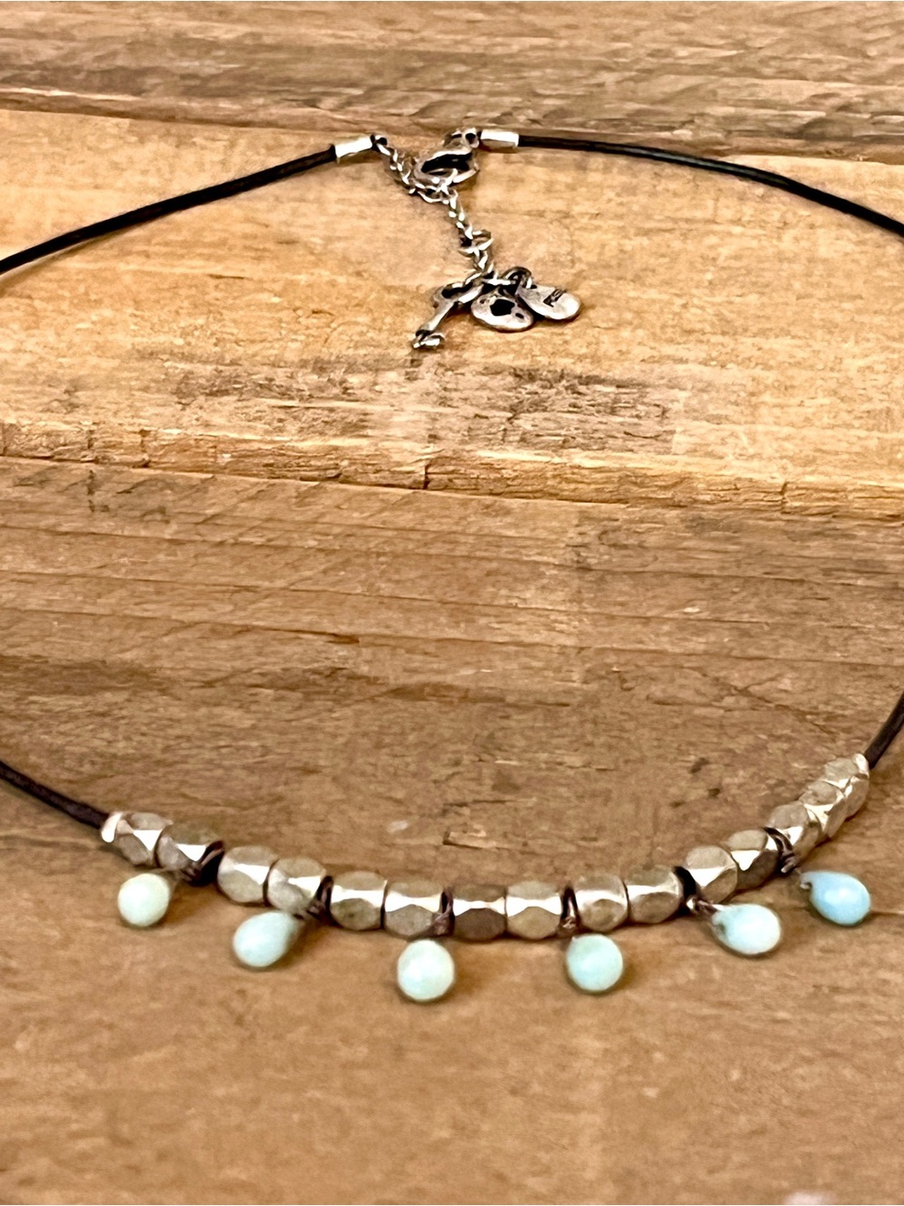 Fossil Amazonite Nugget Drops Leather Cord Silver Cube Necklace 20” - Picture 3 of 4